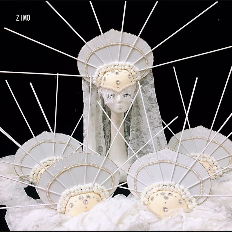 

Bar Ds Dj Female Singer Dance white Rhinestone pearl Headdress Religious Headgear Flashing Diamond Rave Costume Accessories gogo