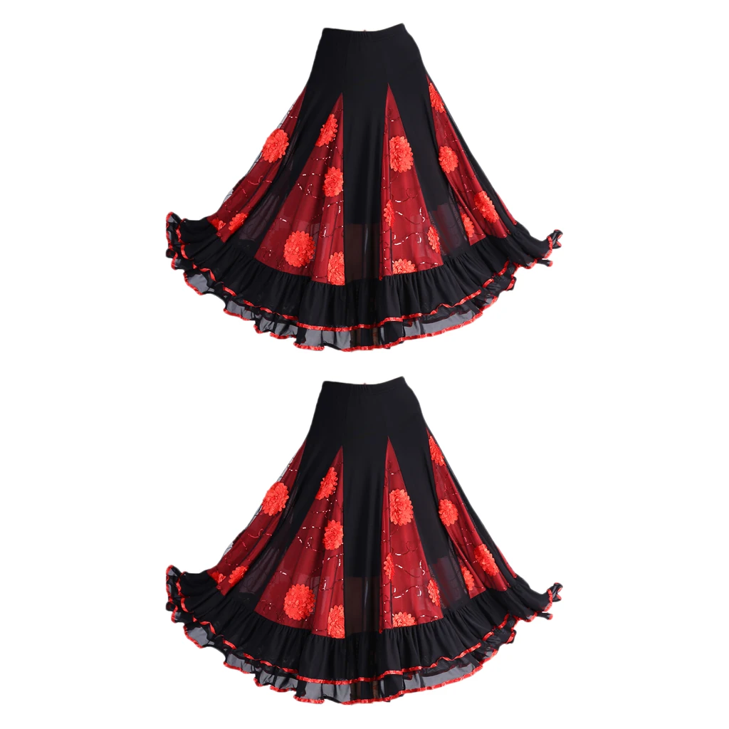 2 x Flamenco Ballroom Waltz Dance Swing Skirt Sequined Floral Party Dress Red
