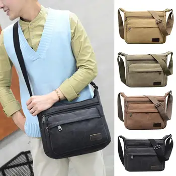 

Casual Men Shoulder Bag Solid Color Canvas Large Capacity Travel Crossbody Pouch