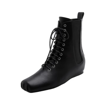 

Women's booties real cowhide fabric invisible height increase heel fashion cross straps autumn winter comfortable shoes women's