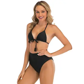 

Quick-drying Split Swimsuit High Waist Tassel Strap Bikini Set Black Strap Adjustable Swimming Pool Beach Party Swimsuit