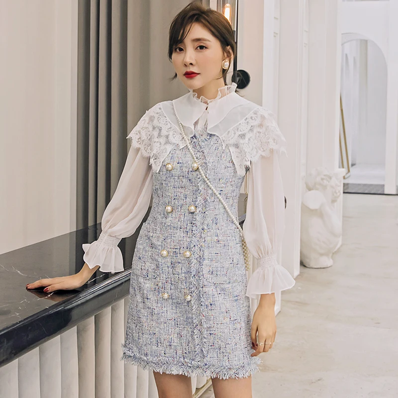 

YIGELILA 2019 Autumn Lady Elegant Dress V-neck Sleeveless With Button Dress Sheath Above-knee Mini Dinner Party Dress 65236