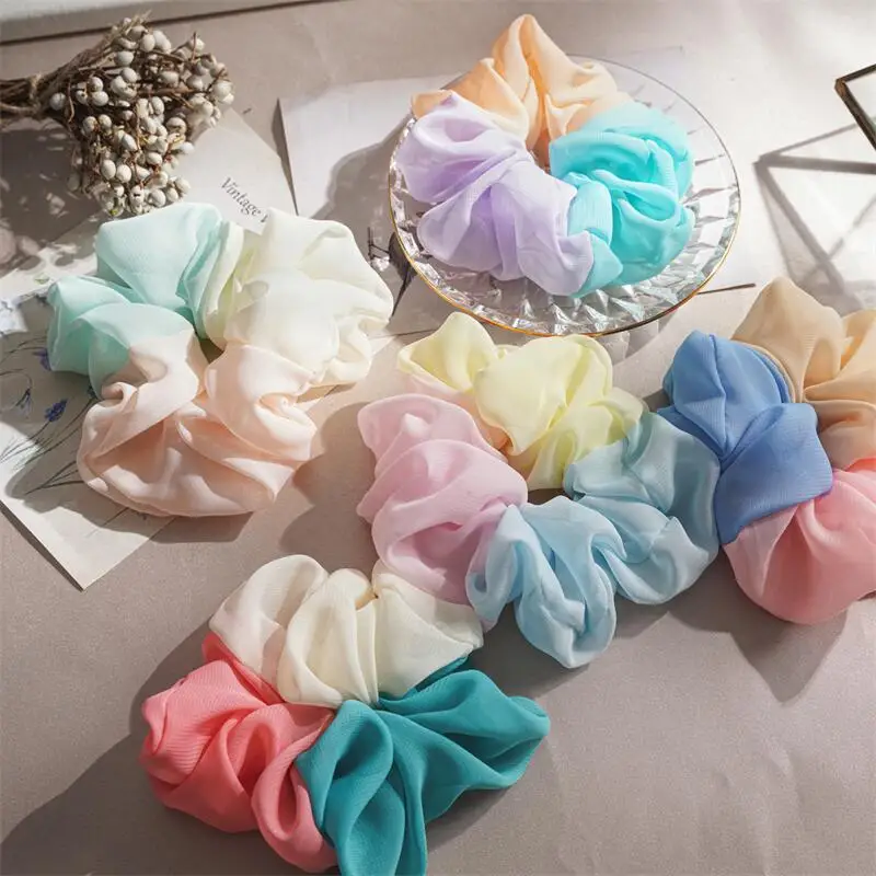 

New Summer Patchwork Chiffon Hair Scrunchies Cute Colorful Rainbow Hair Ties Big Elastic Rubber Band Hair Rope Ponytail Holder