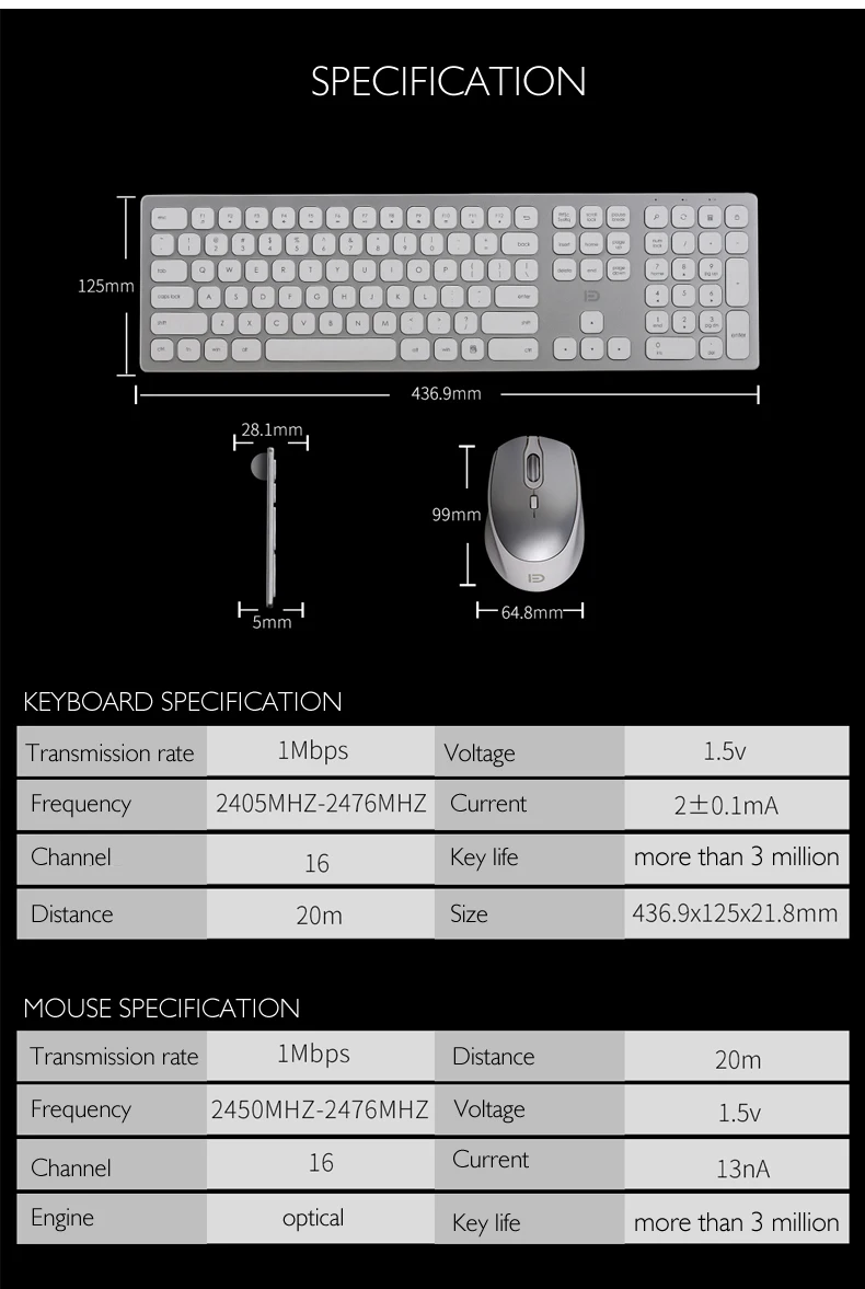 Ультратонкая беспроводная клавиатура 2,4 ГГц полноразмерная 109 клавиш, алюминиевый металлический корпус/долговечная работа с удобными круглыми клавишами