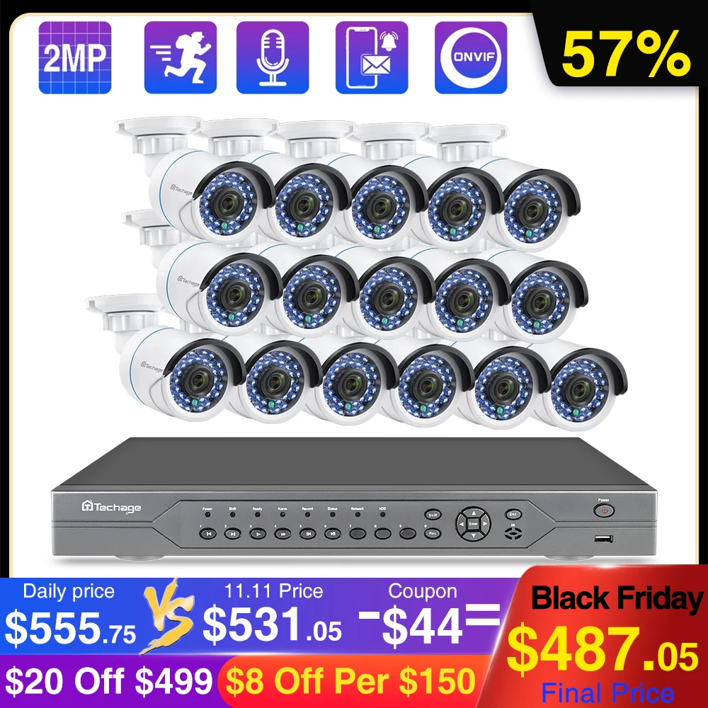 

Techage 16CH 1080P POE NVR Security Camera System 16pcs 2MP HD Audio Sound Record CCTV Security Video Surveillance Kit P2P XMeye