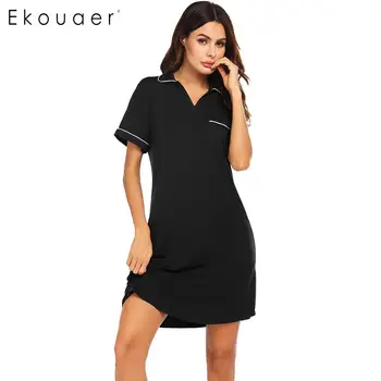

Ekouaer Nightgown Women Loose Nightdress Sleepwear Turn-down Collar Short Sleeve Pocket Night Dress Female Comfortable Homewear