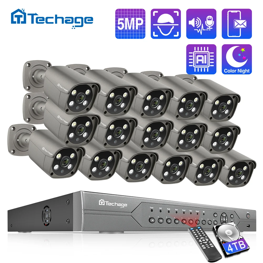 

Techage 16CH 5MP POE NVR Kit Security Camera System Two Way Audio H.265 IP AI Camera Outdoor P2P CCTV Video Surveillance Set