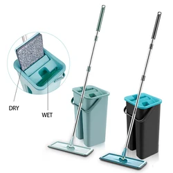 Hands Free Squeeze Mop with Bucket 360 Rotating Flat Mop Home Kitchen Floor Mop Household Cleaning Mops Wet or Dry Usage