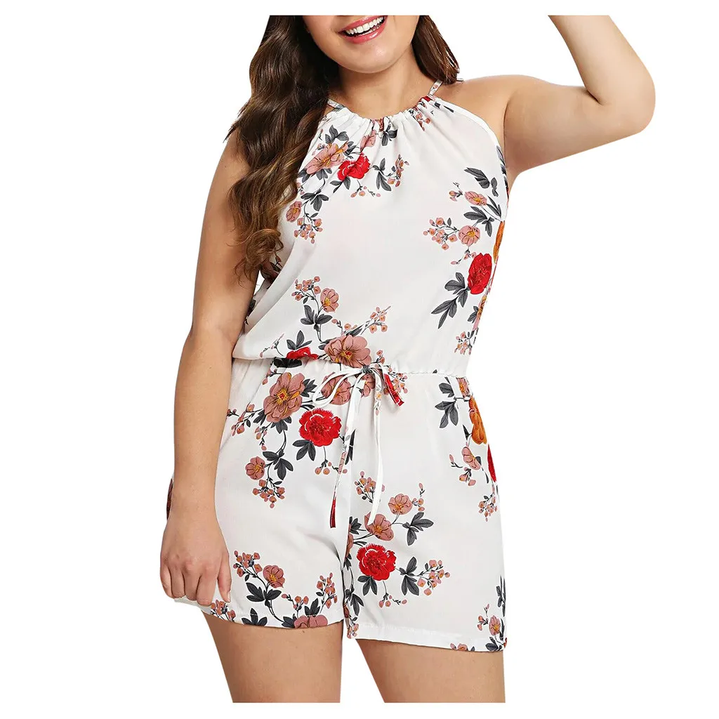 

Summer Plus Size Jumpsuit Women Fashion Nova Sleeveless Jumpsuits Rompers Short Halter Bandage Floral Printed Bodysuit White