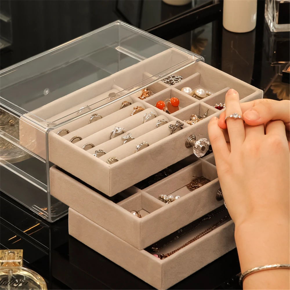 Cajonera organizadora de joyería de terciopelo de 3 cajonera para tocador, escritorio, pendientes, collares, anillos, pulsera, de exhibición - AliExpress Hogar jardín
