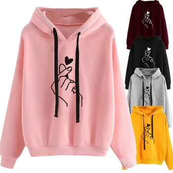 

Casual Sweatshirt Women Hoodies Finger Heart Love Pattern Hooded Sweatshirts Drawstring Pullovers Female Blouse sudadera mujer