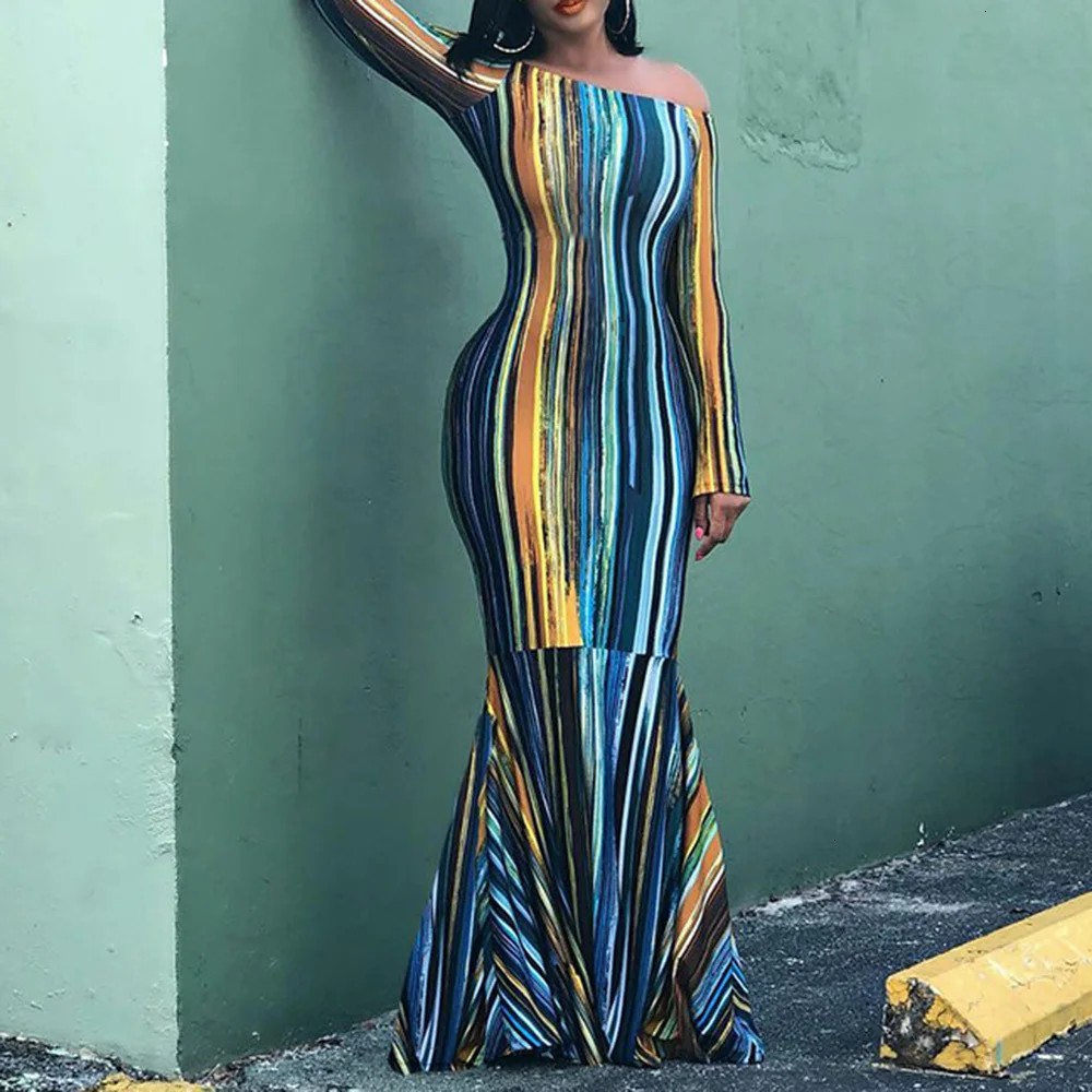 

Color Block Striped Off the Shoulder Mermaid Long Sexy Party Dress Vintage Women Bodycon Slim Ladies Autumn Fall 2019 Maxi Dress