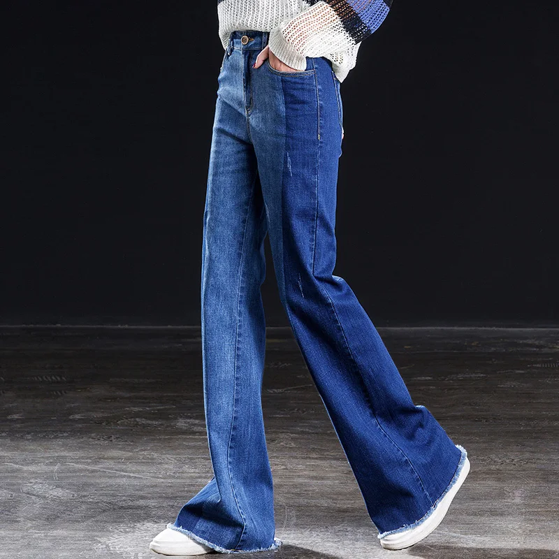 

2019 Spliced Flare Jeans Women High Waist Elasticity Tassel Wide Leg Jean Stretching Lady Fringe Loose Long Pants Free SHipping