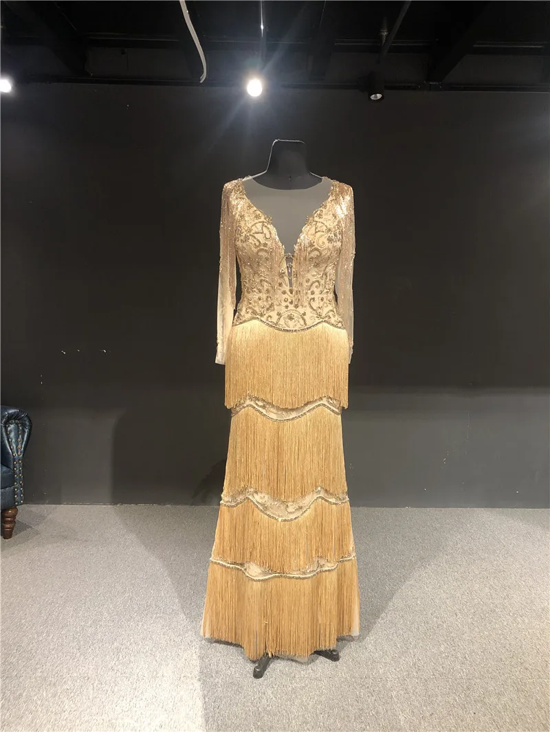 100%Real Picture Gold Color Luxurious Beads Tassel Long Sleeves Mermaid Prom Formal Women Dance Dress Bridal Evening Dresses | Свадьбы и