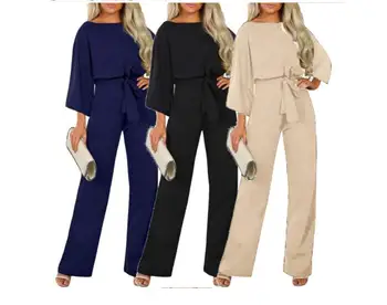 

Women Casual Long Sleeve Round Neck Wide Leg Loose Fit Romper Jumpsuit With Belt