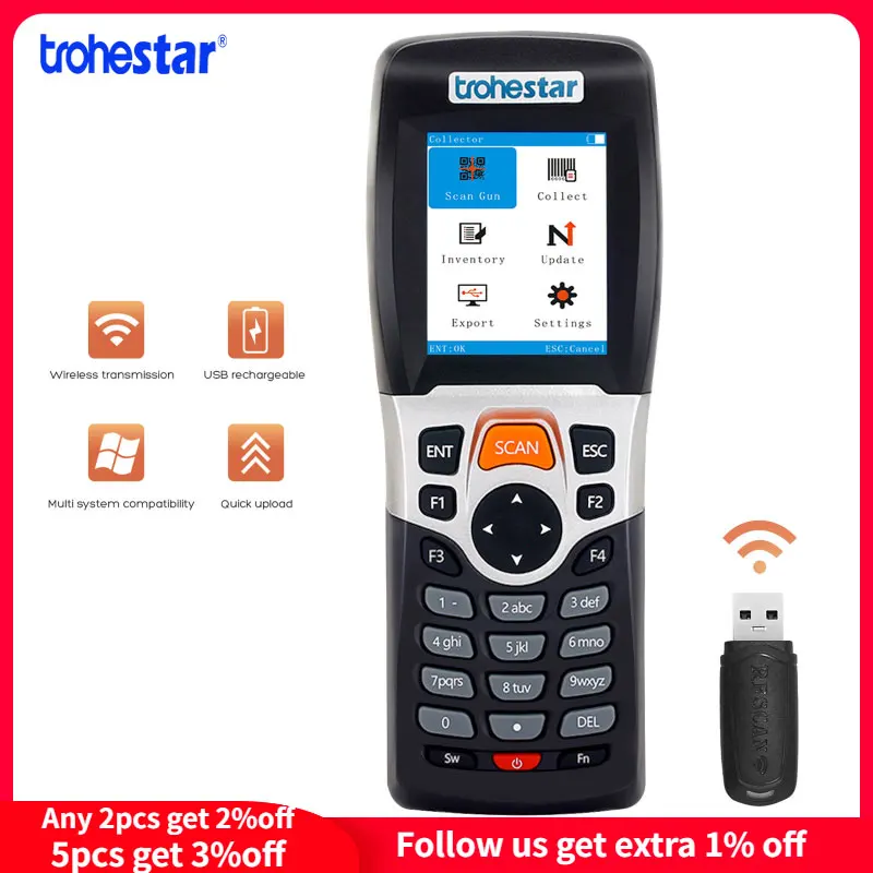 Trohestar Wireless Barcode Scanner 1D Bar Code Reader Portable Handheld Inventory Counter Data Collector PDA Bar Code Scanners