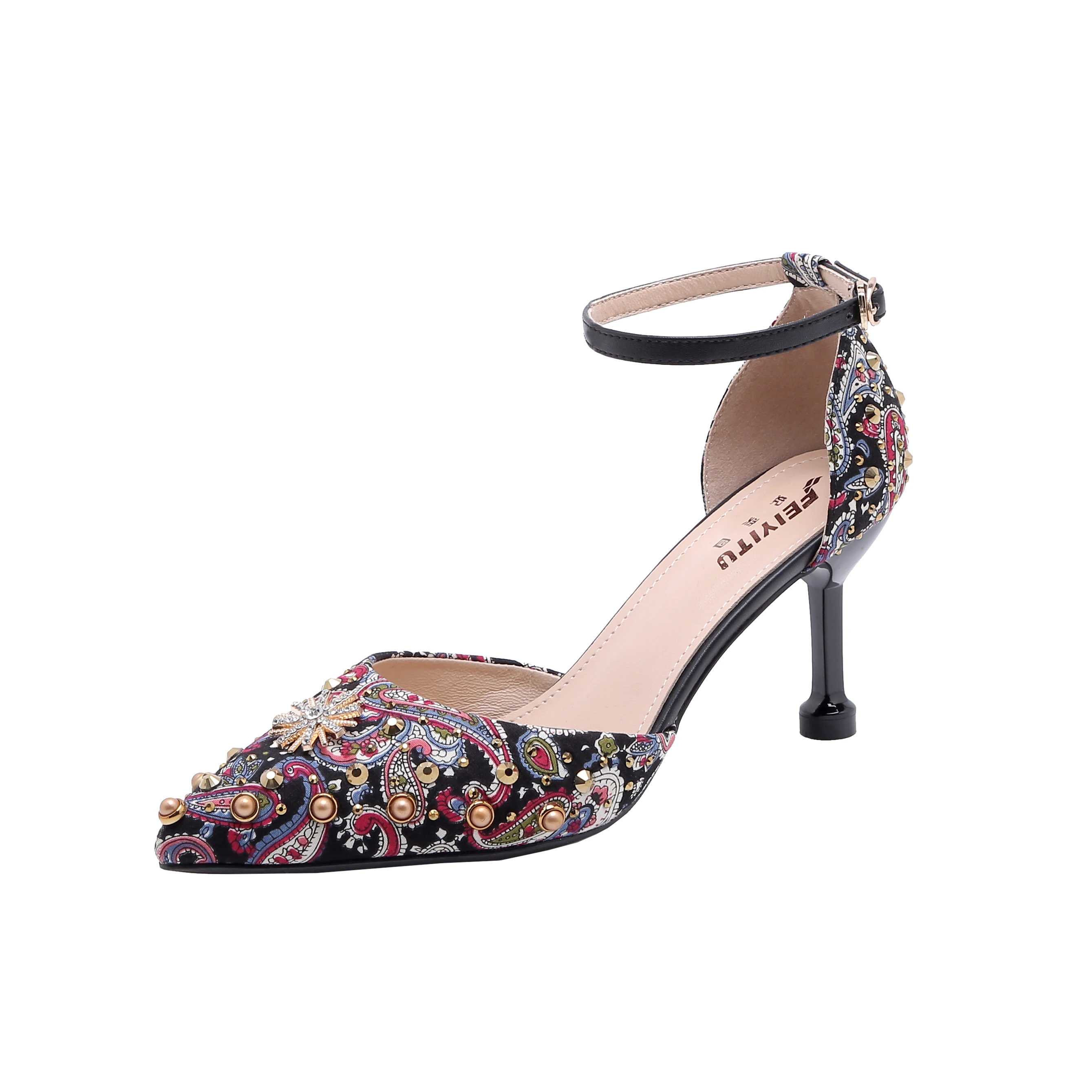 

Fashion Sandals Women Shoes Print Party Black Heels High 8CM Ethnic Rivet Summer Pumps Sandalias Feminina Sapato Feminino Luxo