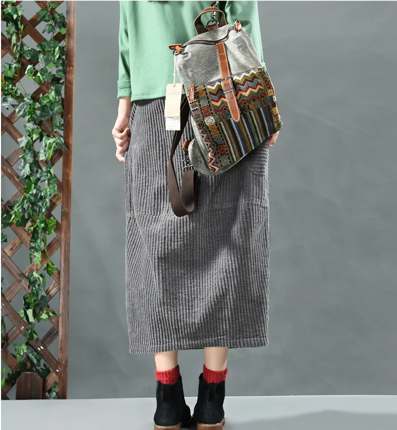Retro Solid Color Corduroy Elastic Waist Pocket Skirt Mori Girl Autumn