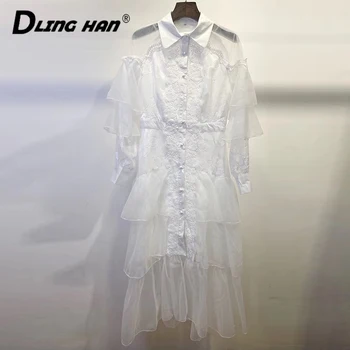 

DLINGHAN Fashion Cascading Ruffle White cake Dress Elegant Floral Embroidery Slim Party Dresses Summer Women's New