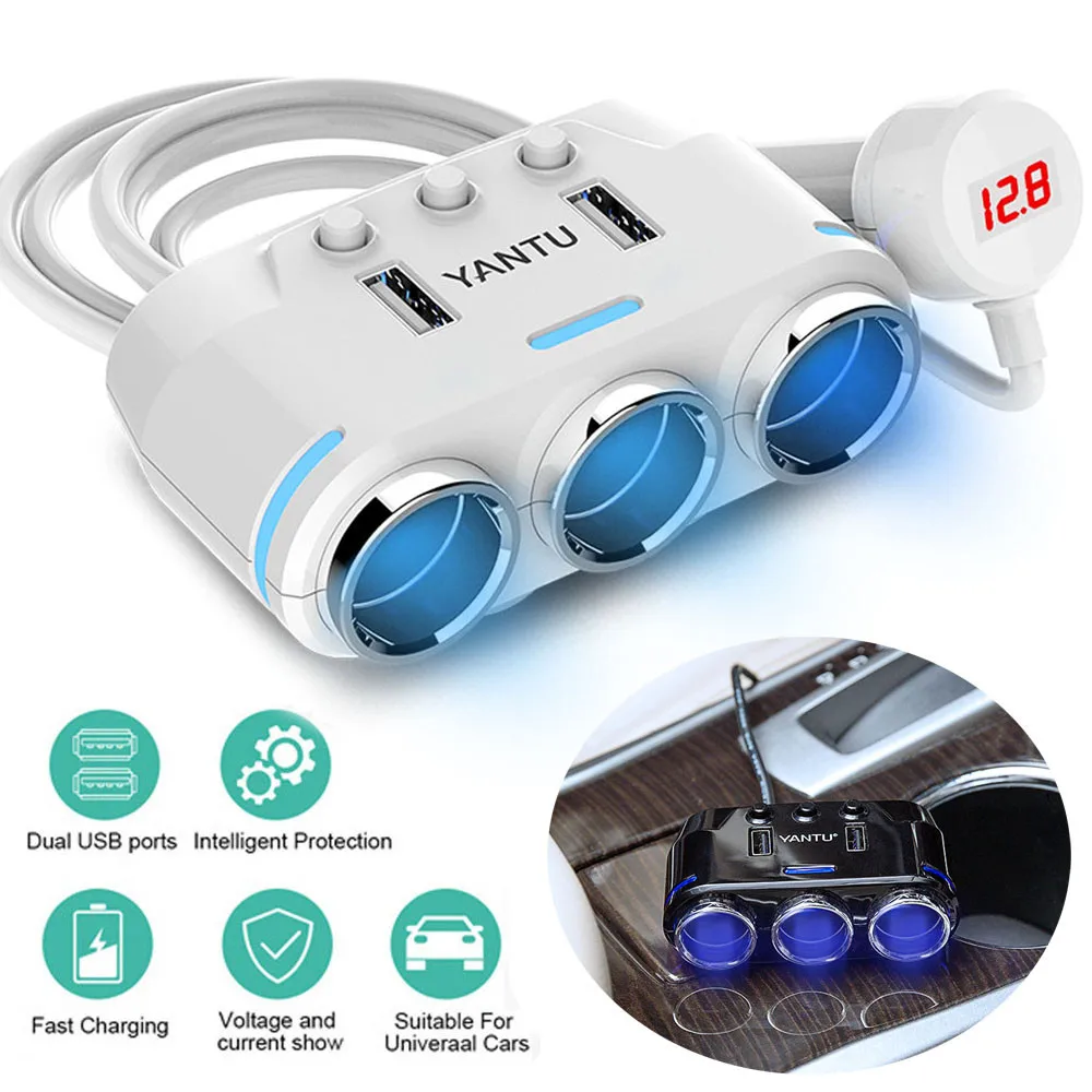 

Multi 3 Way 12V Multi Socket Car Cigarette Lighter Splitter USB DC Charger Extension Cord Vehicle Car Electronic Accessory #N