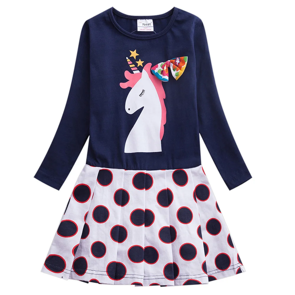 Girl long Dresses Toddler Baby New Autumn Spring Dress Cartoon Embroidered Girls Long Sleeve Unicorn 81036 | Детская одежда и