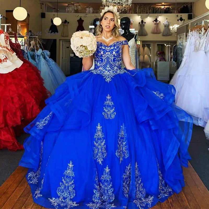 

Puffy Ball Gown Quinceanera Dresses Royal Blue Appliques Lace Prom Dresses 2020 Off The Shoulder Beaded Crystal Sweet 16 Dress