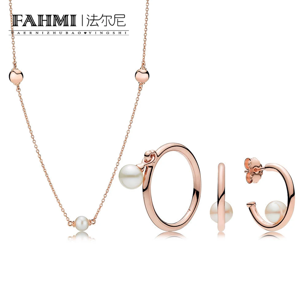 

FAHMI 100% 925 Sterling Silver 1:1 RAU0537 Purely Ring Contemporary Pearls Hoop Earrings Necklace Fashion Winter Gift Set ROSE