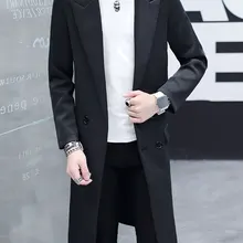 Мужской двубортный Тренч с лацканами средней длины, приталенные пальто для отдыха, верхняя одежда черного цвета, D015