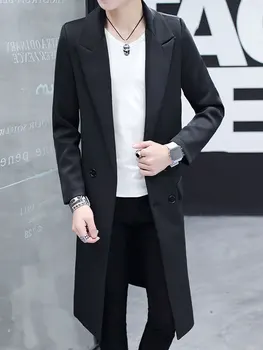 

Men's Lapel Double Breasted Mid Long Trench Coat Slim Fit Leisure Coats Outwear Black D015