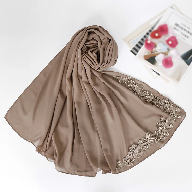 70*180 см шифоновый хиджаб шарф с жемчугом femme musulman длинные шали исламский головной платок одежда мусульманская вышивка хиджабы