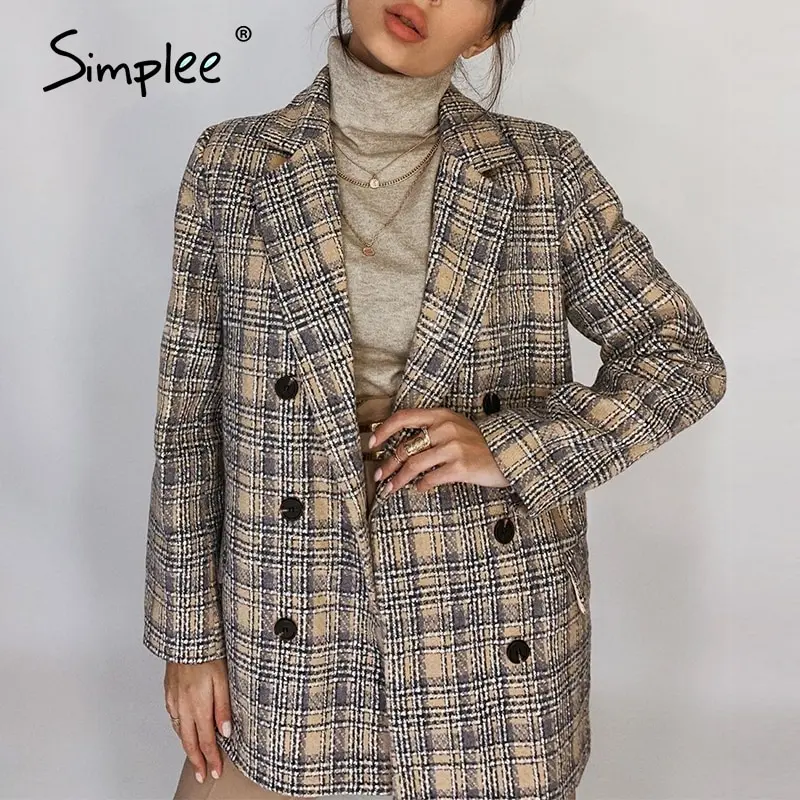 Women Blazer Coat Short Simplee Office Long-Sleeve Elegant Ladies Pocket Autumn Winter