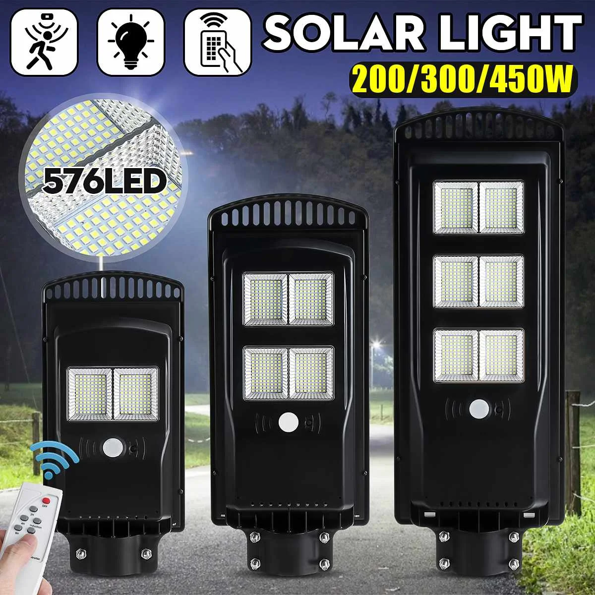

200W 300W 450W LED Solar Panel Street Light with Remote Control IP65 Outdoor Garden Wall Lamp Industrial Security Lighting