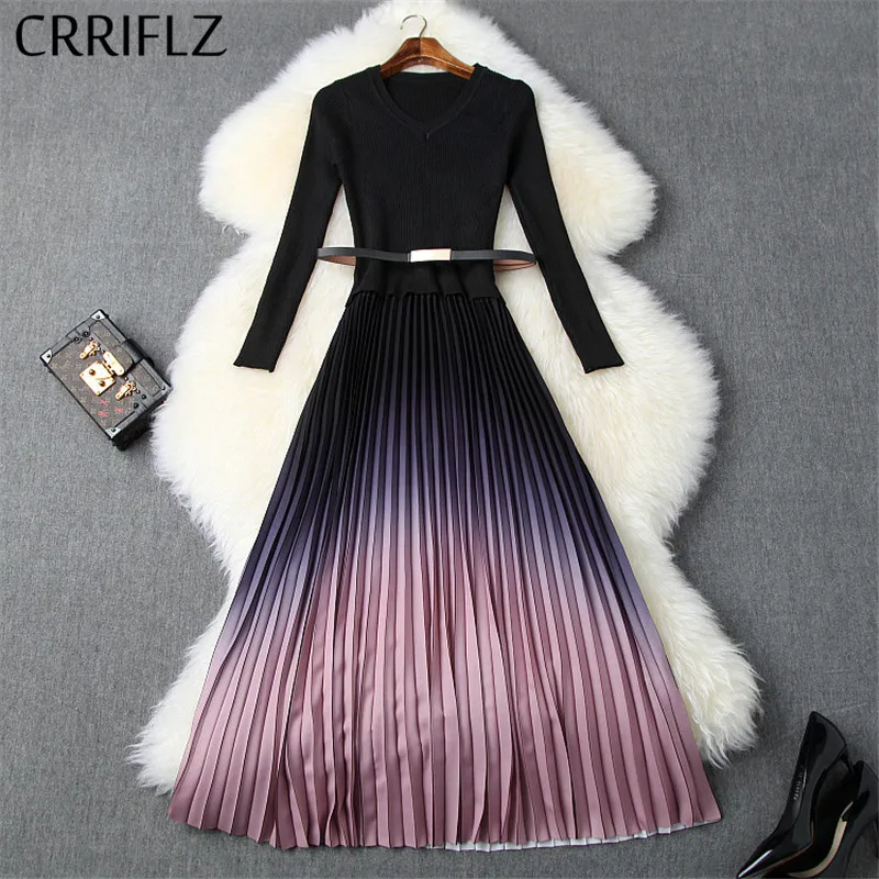 New Long Gradient Knitted Pullover Patchwork Pleated Dress Women Fake Two Pieces Full Sleeve V-Neck Party | Женская одежда