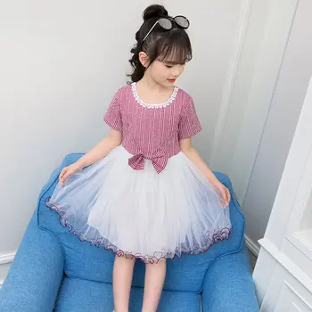 

Girls Clothing Dress New Summer Fashion Style Teens Plaid T-Shirts Mesh Dress Lace Princess Kids Clothes Bow Design Dress 4-13Y
