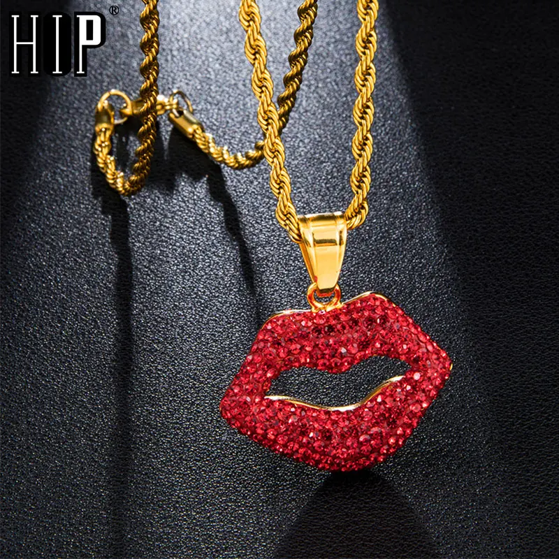 Хип хоп Iced Out Bling горный хрусталь проложили сексуальные красные губы из