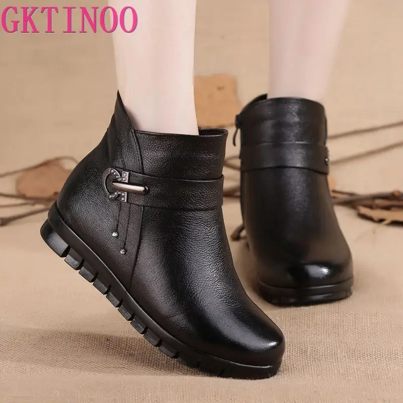 GKTINOO/Большие размеры 35-41; женские зимние ботинки; зимняя теплая обувь с плюшевой подкладкой; коллекция года; черные женские ботильоны из натуральной кожи на молнии; новое поступление