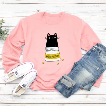 

Autumn Lovely Cat Print Women Hoodie Long Sleeve Pullover Pink Sweatshirt O-NECK Women Clothes Harajuku Hoodies Casual Top
