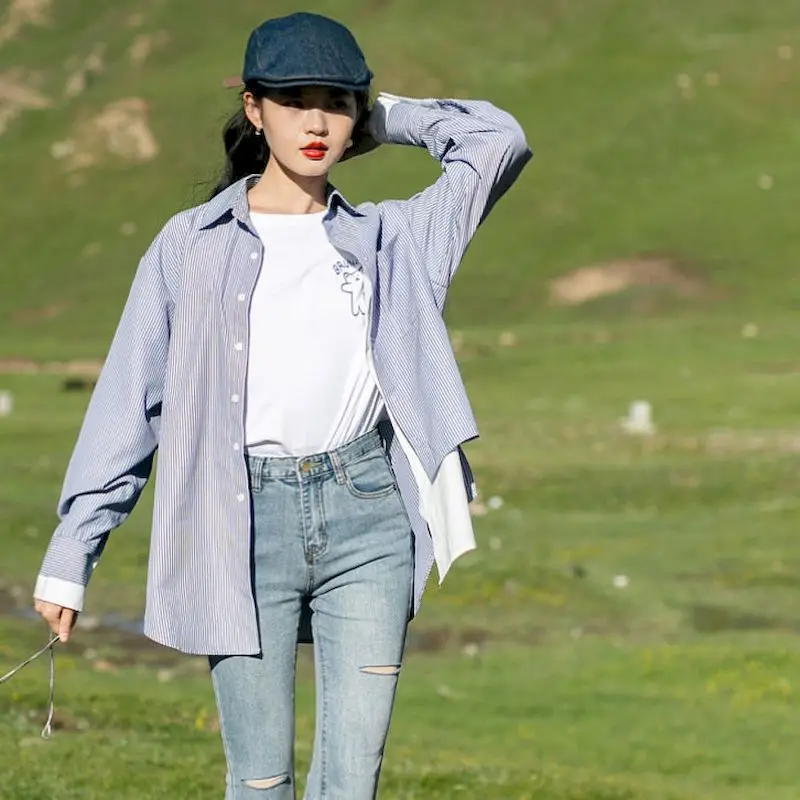 

Striped Shirt Women Wear All-match 2020 Early Autumn New Top Loose Long-sleeved Plus Size Clothing for Women Korean Fashion