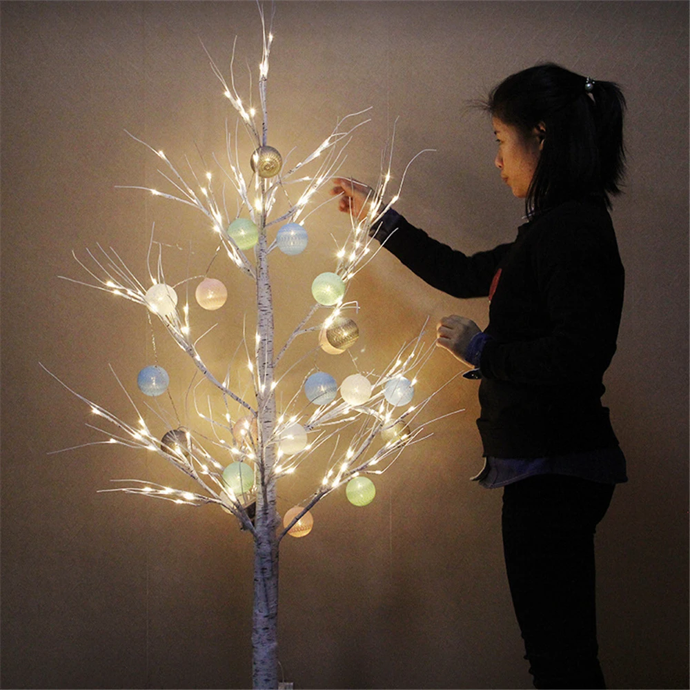 

Christmas Decoration Artificial Birch Trees Lights EU Plug Home Snow New Year Macaron Cotton Ball Tree Ornaments