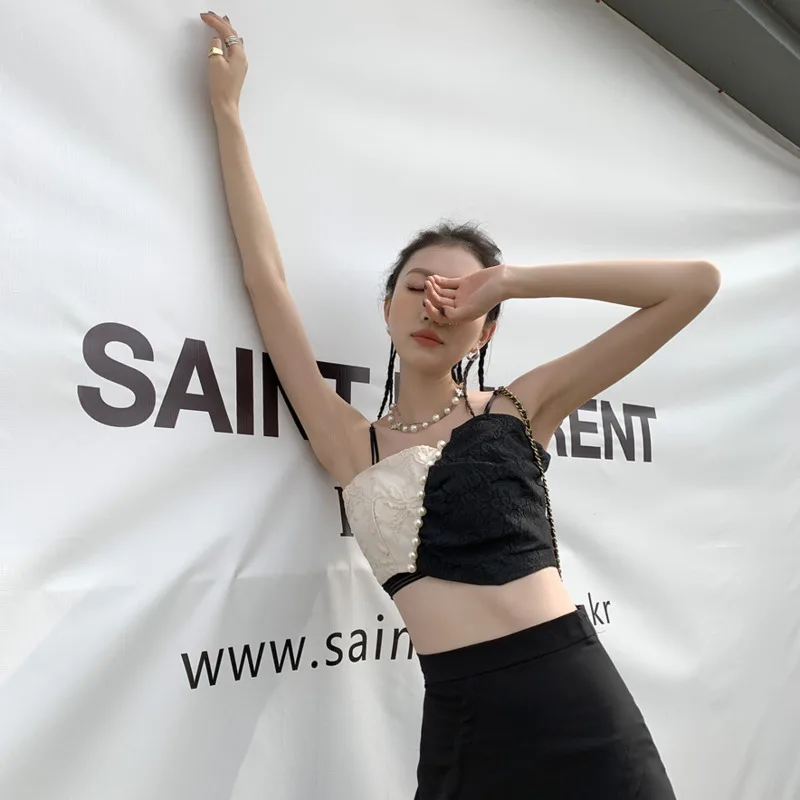 

Summer 2021 Asymmetrical Women Pearl Patchwork Short Cami Top Jacquard Strappy Fashion Harajuku Spaghetti Strap Gothic Clothes