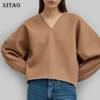 

XITAO Solid Color Sweatshirt Women Loose Fashion Simple Casual All Match V Neck 2020 New Autumn Women Clothes Goddess ZYQ4372