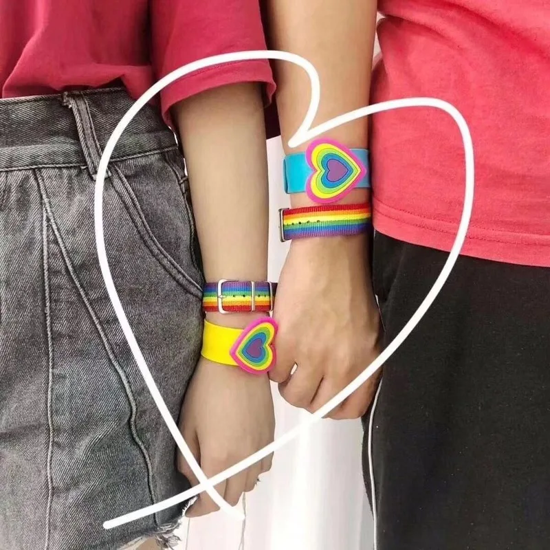 

Couple bracelet women straps rainbow stripe color band wind leather goods for men and women lovers nylon strap canvas strap 20mm