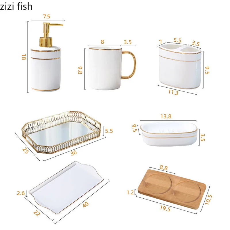 Golden Stripes Bathroom Decoration Accessories White Ceramic Toothbrush Holder Portable Soap Dispenser Mouth Mug Bath Supplies