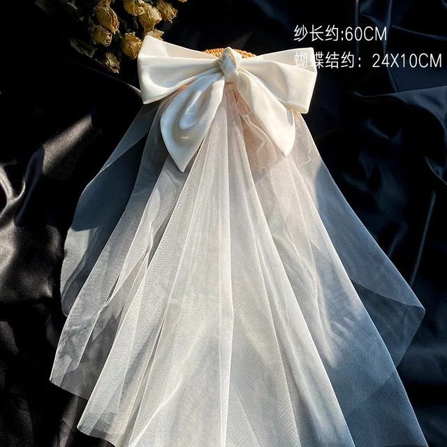 New Bow Veil Super Fairy Wedding Trip Shoot Photo White Satin Mesh Barrettes Bridal Hair Accessories 5