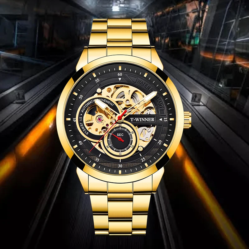 Люксовый бренд WINNER Золотой Прозрачный Скелет Мужские автоматические механические часы из нержавеющей стали светящиеся водонепроницаемые мужские часы