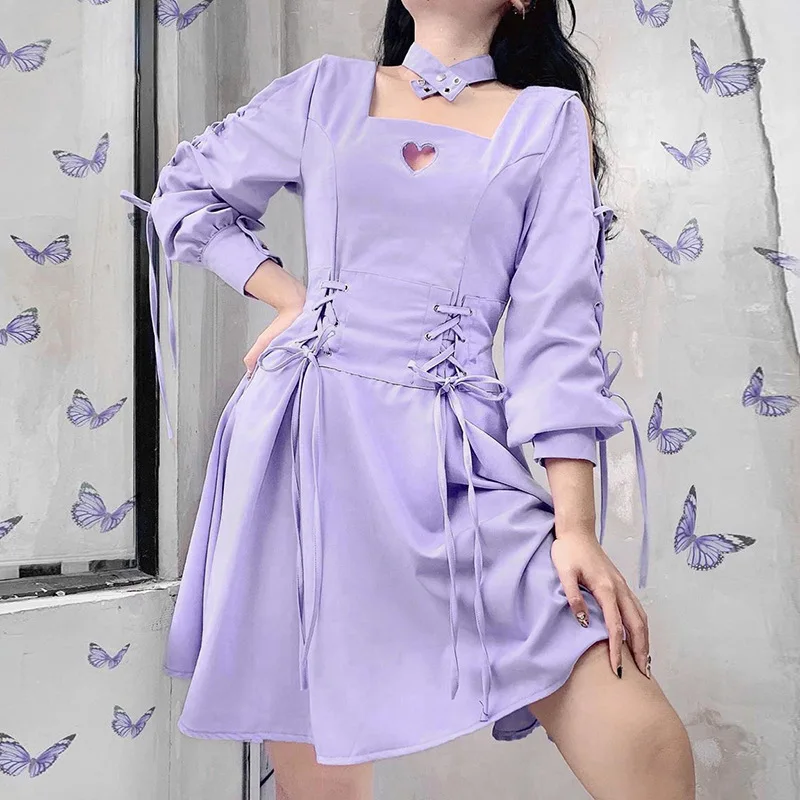 

Gift Necklace 2019 Square Collar Drawstring Shoulder Strap Tightens The Waist Love Heart Hollow Long Sleeve Fairy Dress