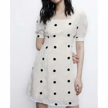 

2020 new summer women dress beige jacquard dot short sleeves chic ladies slim elegant short dress female woman dresses