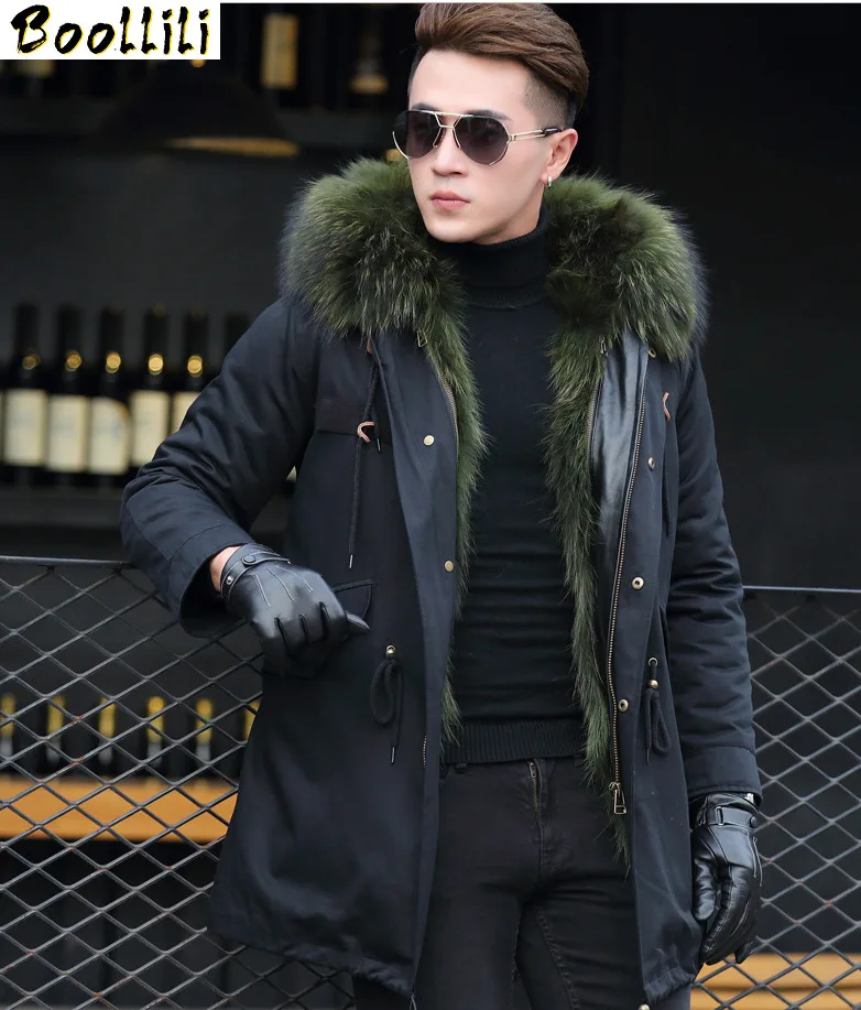 Boollili Real Fur Coat Winter Luxury Natural Raccoon Parka Male Long Hood Overcoat Outwear Men's Clothes | Мужская одежда