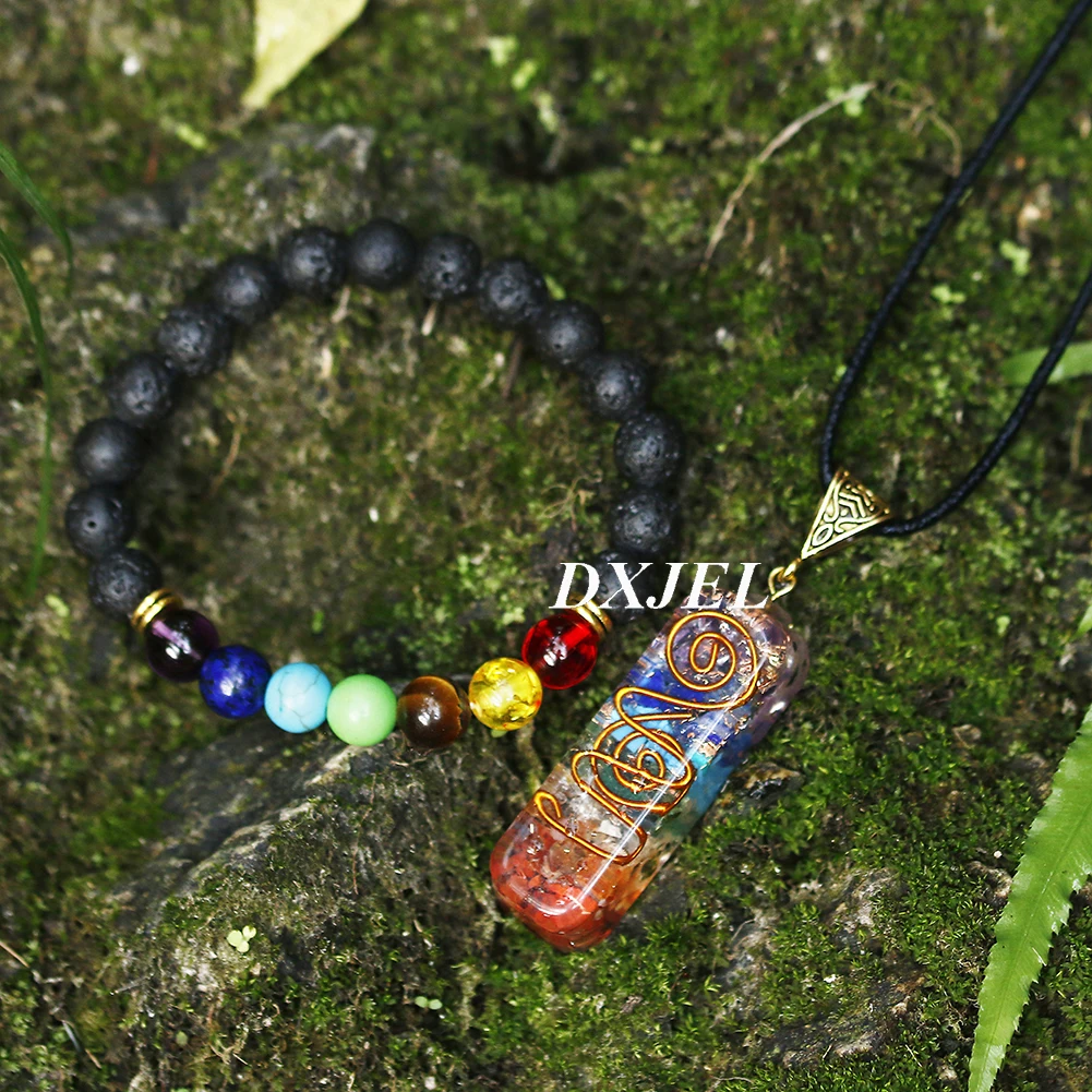 DXJEL 7 Chakra Orgone Energy Healing Pendant with Bracelet Rainbow Crystal Meditation Necklace Resin Jewelry For Women Men Gifts