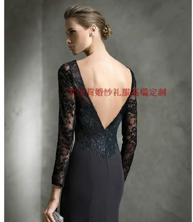 Сексуальное платье с открытой спиной,, длинный рукав, Черное кружево, vestido de festa, длина до пола, Русалка, официальное вечернее платье, платья для матери невесты